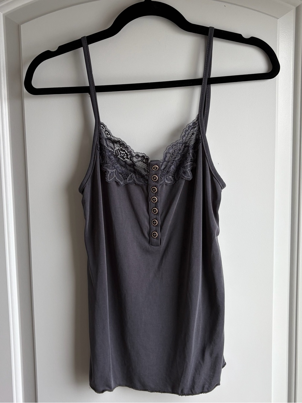 POL Petal Knit Lace Trim Button Front Cami Charcoal Grey Small